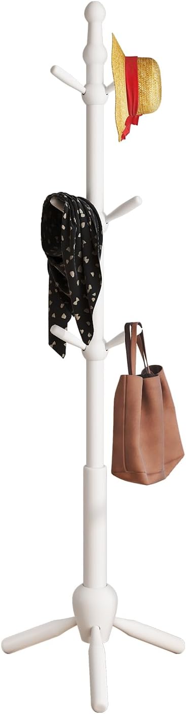 Solid Coat Rack Stand, Coat Rack Freestanding with 9 Hooks and Adjustable 3 Heights, Tree Coat Stand with Triangle Base for Entryway, Bedroom, Hallway, White
