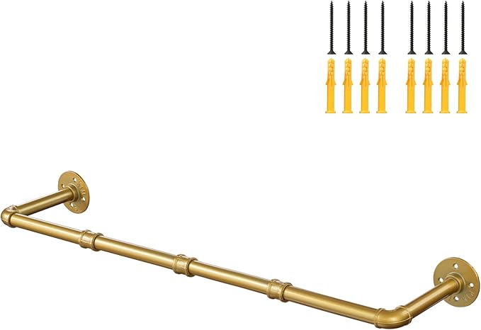 Industrial Gold Pipe Clothing Rack, Wall Ceiling Mounted Clothes Garment Rack 40'', Iron Golden Pipe Clothes Hanging Bar, Heavy Duty Metal Rod for Retail Display Closet Storage