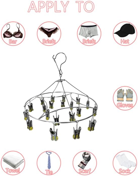 Quick Release Round Stainless Steel Laundry Drying Rack with 20 Clips,Swivel Hook Wind-Proof Clothes Hanger Rack for Sock, Bras, Underwear, Laundry Accessories