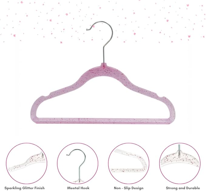 CONCEPTS 20 Pack Baby Hangers Kids Acrylic Non Slip Glitter Clothes Hangers for Toddler Infant Newborn Closet Organizer Small Hangers for Baby Clothes Pants Shirts Space Saving Nursery