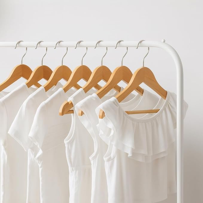 Natural Color Wooden Kids Hangers 50 Pack, Toddler & Baby Wooden Hangers, 11.8" Solid Maple Wood with 360° Swivel Hook, Pants Bar & Notches, Up to 7.7lb Capacity, Space-Saving Design for Ages 0–8