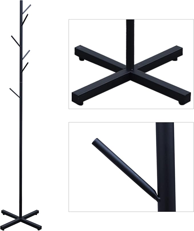 Metal Coat Rack Free Standing 7 Hooks Coats Jacket Stand Hanger Holder Black Coat Tree Corner Rack Stand Entryway Bedroom Office Organizer for Coats Hats, Clothes, Handbags, Umbrella (Black)