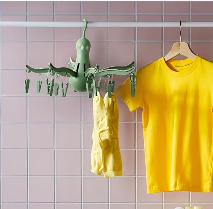 PRESSA 8-Claw Octopus Hanging Dryer 16 Clothes pegs, Easy to fold and Place -Turquoise (1, Green)