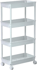 Sooyee 4 Tier Wide Storage Cart Mobile Shelving Unit Organizer Slide Out Storage Rolling Utility Cart Tower Rack for Kitchen Bathroom Laundry, Plastic & Stainless Steel,White