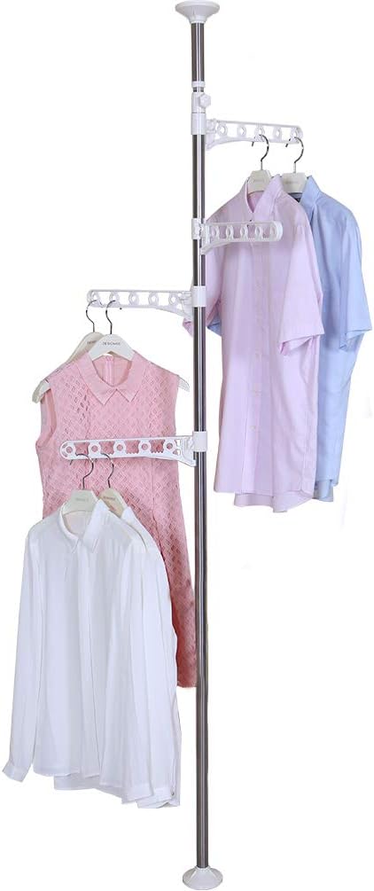 BAOYOUNI 4-Tier Standing Clothes Garment Drying Rack Laundry Coat Storage Rod Organizer Balcony Windowsill Adjustable Metal Corner Plant Hanger Tension Pole Rail Space Saving, Ivory