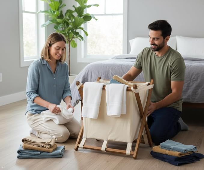 Acacia Wood X-Frame Laundry Hamper, Folding Large Wooden Baskets with Handle, Sorter for Blankets Clothes Pillows Towels, 22'' Tall Natural-Beige