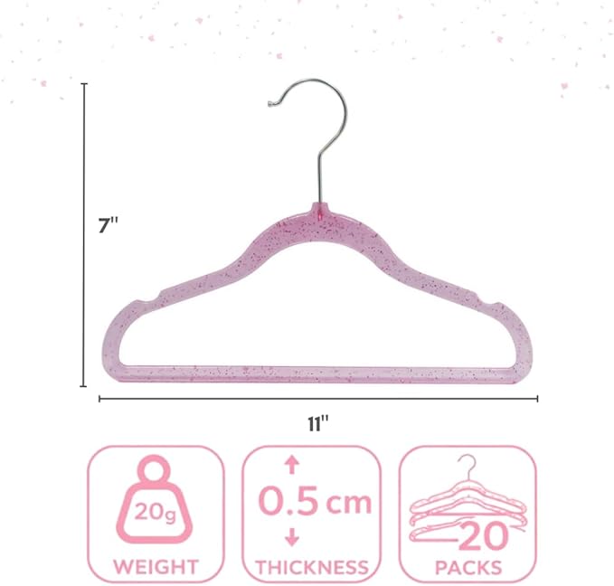 CONCEPTS 20 Pack Baby Hangers Kids Acrylic Non Slip Glitter Clothes Hangers for Toddler Infant Newborn Closet Organizer Small Hangers for Baby Clothes Pants Shirts Space Saving Nursery