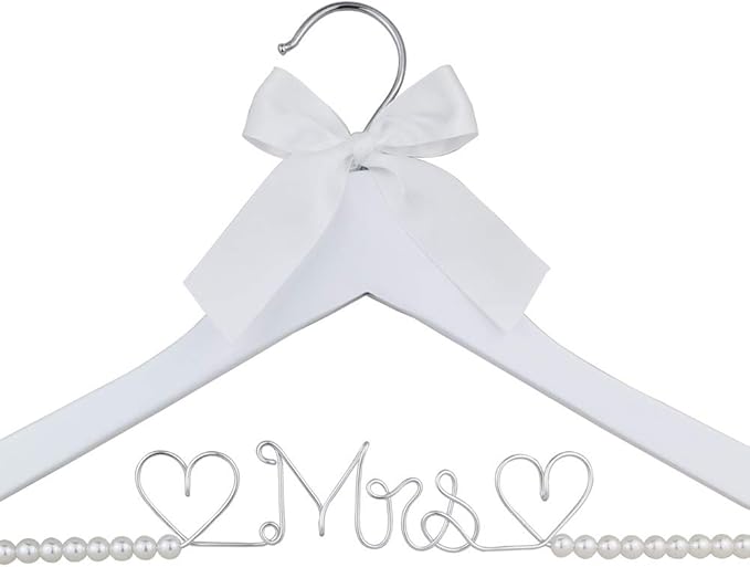 Bridal Dress Hanger Solid Wood Dress Hangers Mrs Letter Hanger Wedding Gift (White Coat Hanger Silver Thread Pearl)