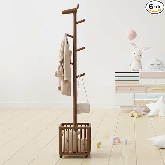 AQIMUELE Kids Coat Rack, Solid Wood Coat Rack with 6 Hook for Bedrooms, Kids Clothing Rack, Walnut