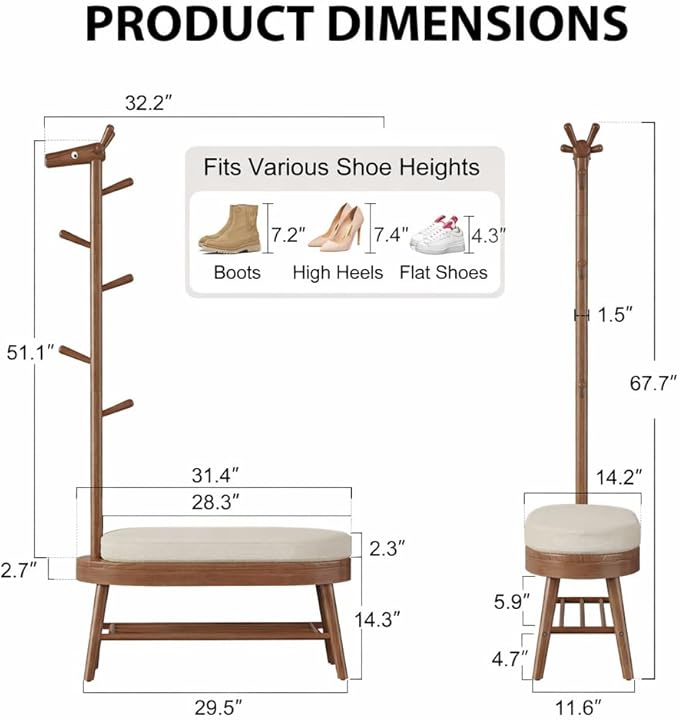 AQIMUELE Shoe Bench Entryway,Coat Rack with Shoe Storage, Coat Rack and Shoe Rack, Wooden Narrow Shoe Bench(Walnut)