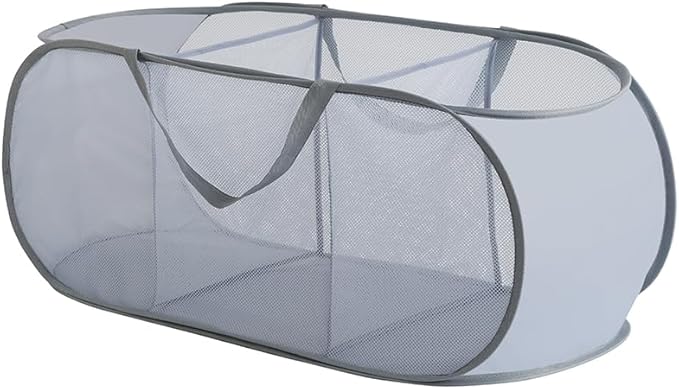 Mesh Laundry Hamper Basket, Sturdy 3 Compartments Laundry Basket, Foldable Pop up Laundry Hamper with Side Pocket for Laundry Room, Bathroom, Kids Room, College Dorm or Travel, Gray