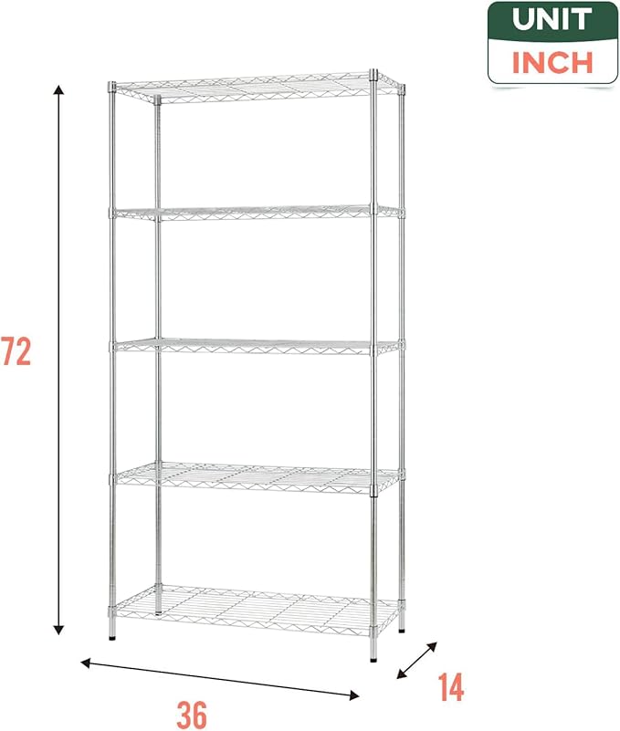 5-Tier Heavy Duty Wire Shelving Unit for Garage & Kitchen Adjustable Metal Shelf, 1250 LBS Wire Rack, Garage Shelving, Pantry Organizer, Storage Shelves, Utility Shelf, Chrome, 36W x 14D x 72H