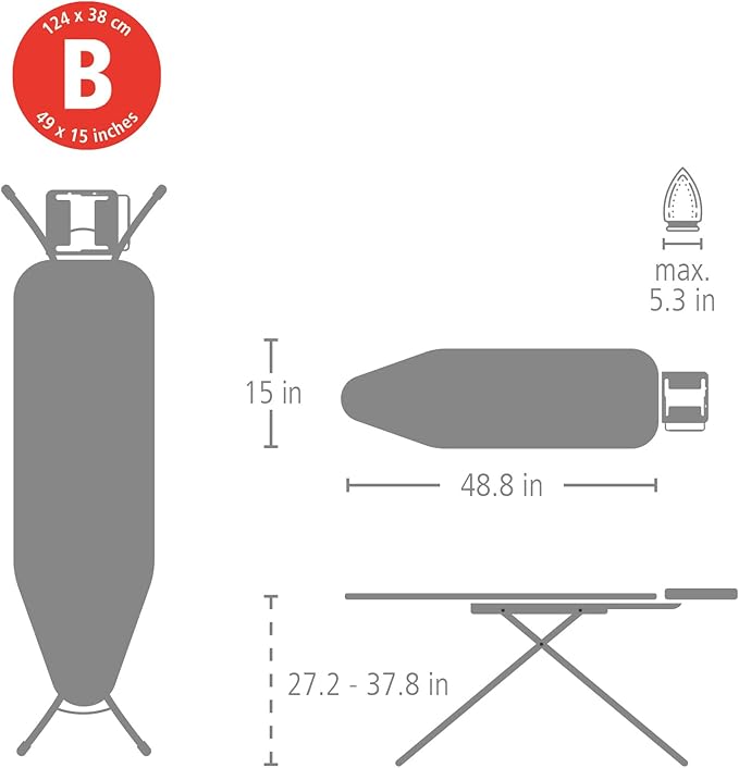 Brabantia - Ironing Board B – Flexible Iron Rest – Adjustable Height – Non-Slip Rubber Feet – 100% Fairtrade Cotton Cover with Foam Padding – Foldable – Soothing Sea – Size B (49 x 15 in)