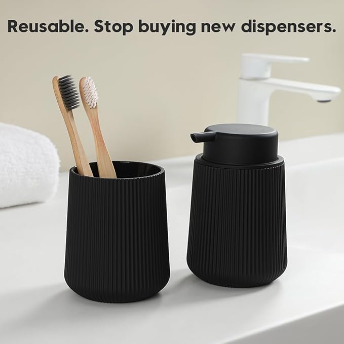 Striped Foaming Hand Soap Dispenser with Leak-Proof Pump for Bathroom and Kitchen Countertop 11oz Black