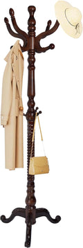 Solid Wood Coat Rack, Free Standing Hall Coat Tree with 11 Hooks, 2 Height Options, 270lbs Load, Stury Base, Clothes Rack for Entryway, Hallway, Bedroom (Tri-legged Base - Dark Brown)