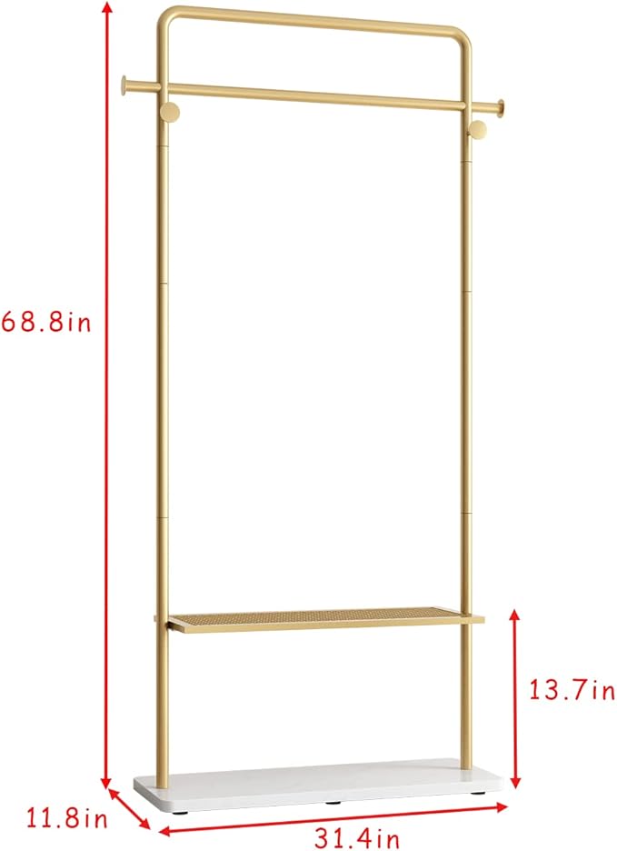TIEOU Gold Clothing Racks with Shelf, Heavy Duty Gold Clothes Racks for Boutiques, Free-Standing Metal Garment Rack for Hanging Clothes, Modern Coat Rack Entryway