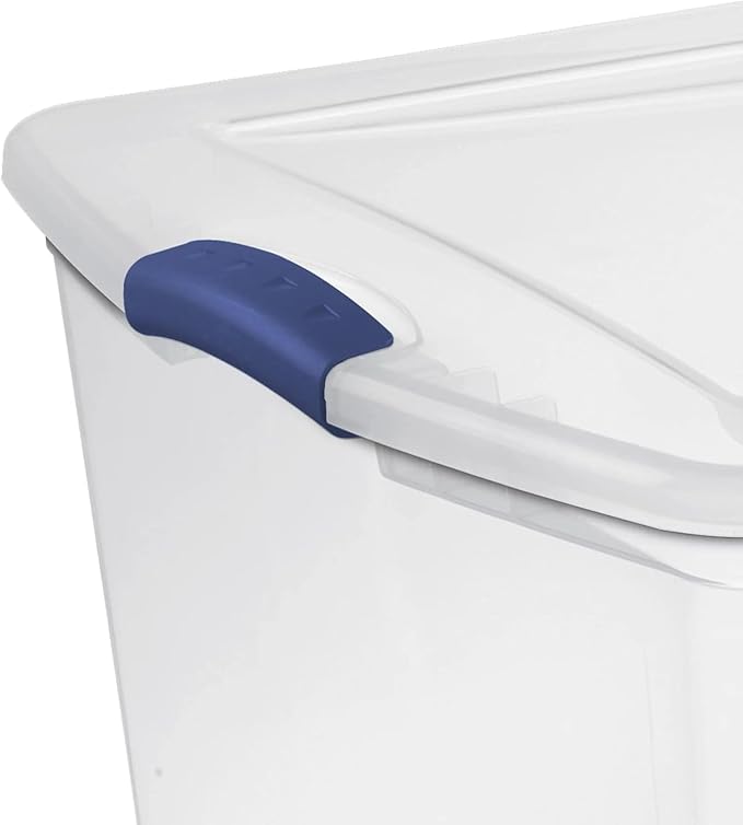 105 Qt. Latch Box Plastic Storage Bin Tote Organizing Container With Durable Lid, Stackable and Nestable Snap Lid Plastic Storage Bin, 1 Pack, Clear With Blue Buckle