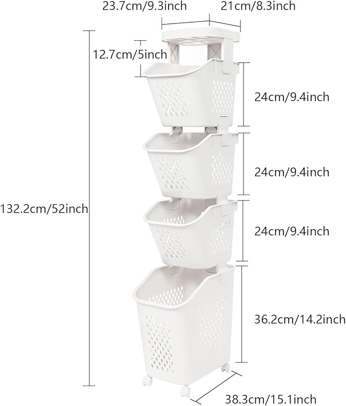 4-Tier Rolling Laundry Hamper, Plastic Laundry Cart Organizer with Wheels, Compact Laundry Baskets, Vertical Rolling Laundry Sorter for Small Space, Dorm, Bathroom