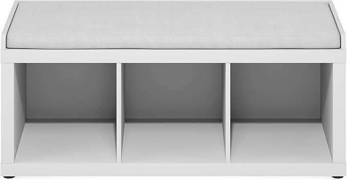 Furinno Cubicle Storage Bench, Shoe Bench with Padded Seat Cushion, 3-Cube Open Shelves Entryway Bench, for Closet, Entryway, Living Room, White