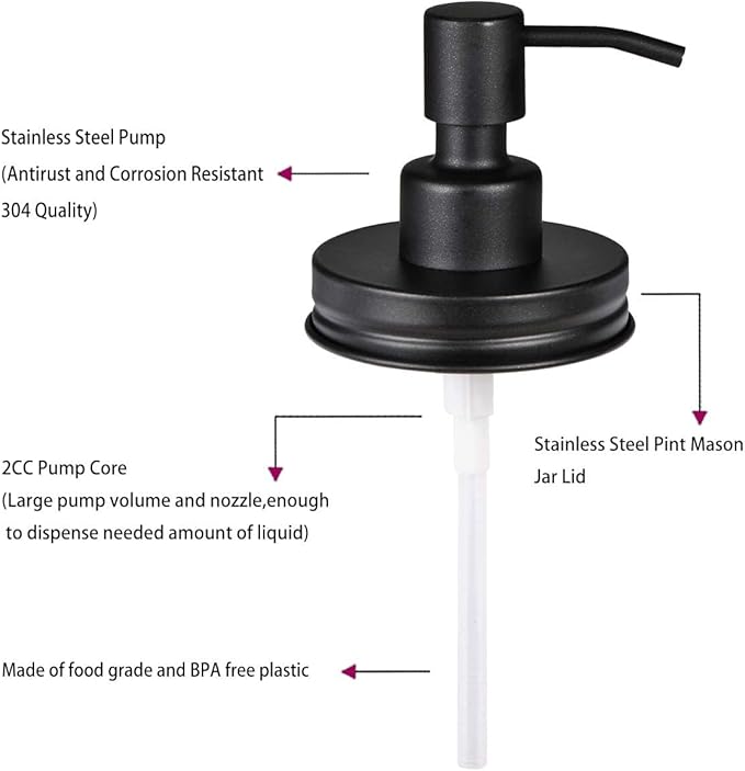 Amolliar Mason Jar Liquid Soap Dispenser Lid, Rust Proof Stainless Steel, Cute Farmhouse Decor for Kitchen, Bathroom, Bath, Refill Liquid Soap Pump for Hand Soap, Dish Soap, Lotion Soap, Black 1 Pack