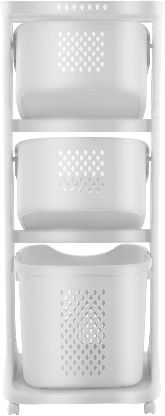 Laundry Basket 3 Tier with Wheels, Stackable Clothes Hamper Organizer, 55LBS Load Rolling Storage Cart for Bedroom, Bathroom, Laundry Room, Dormitory, White
