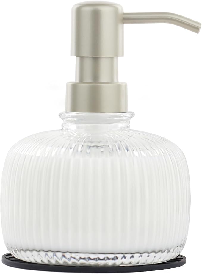 12 OZ Soap Dispensers with Silicone Mat, for Kitchen and Bathroom Contertop Wash Hand Liquid, Dish Detergent, Farmhouse Style Shampoo Lotion Pump (1, Clear Glass with Champagne, 4" x 4" x 5-1/2")