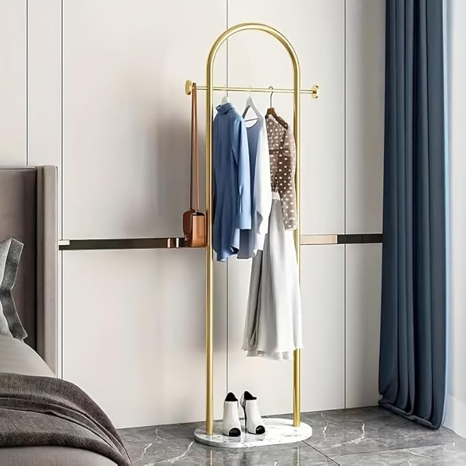 Gold Clothing Rack With Shelves, Modern Coat Rack Freestanding with Marble Base,Heavy Duty Clothes Racks for Boutiques,Metal Garment Rack suitable for Entryway Hallway, Office or Bedroom