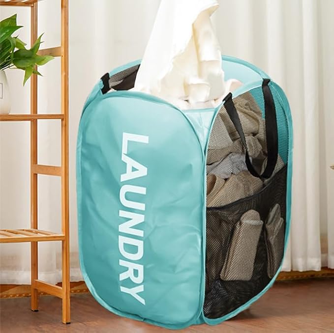 Mesh Popup Laundry Hampers, Collapsible Laundry Baskets, 2 Pack Dirty Clothes Hampers for Home, Bathroom, College Dorm, RV Cruise, Travel (Gray + Blue)