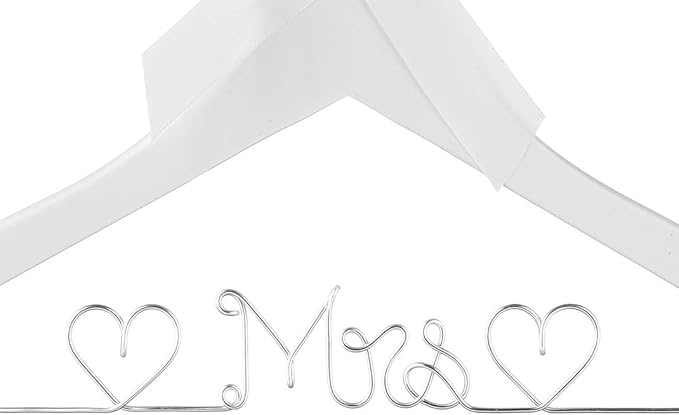 Bridal Dress Hanger Solid Wood Dress Hangers Mrs Letter Hanger Wedding Gift (White Coat Hanger Silver Wire)