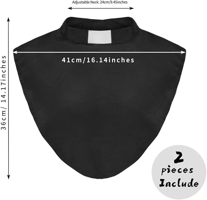 Black Color Unisex Clergy Tab Collar Clerical Bib Collar with Insert White Tab, 2pcs in Pack