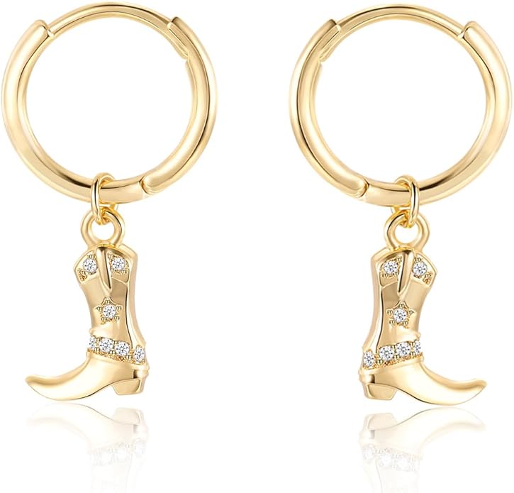Mameloly Cowgirl Earrings for Women CZ 14K Gold Plated Western Cowboy Hat Dangle Hoop Earrings Cute Jewelry Hypoallergenic