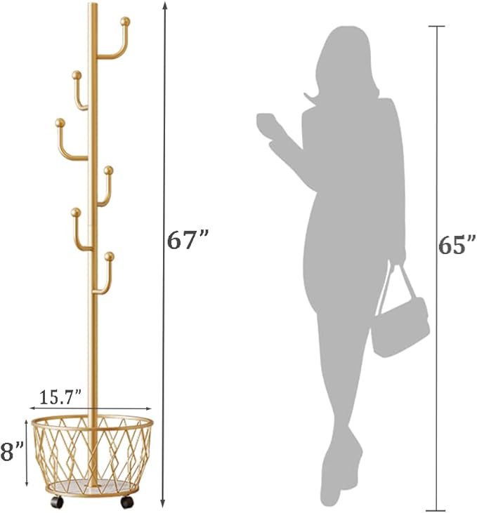 Champagne Gold Cactus shaped Coat Rack Hanger Freestanding, Metal Clothes Rack with Basket 6 Hooks to Hang Clothes, Hat, Bag for Entryway, Hallway, Bedroom