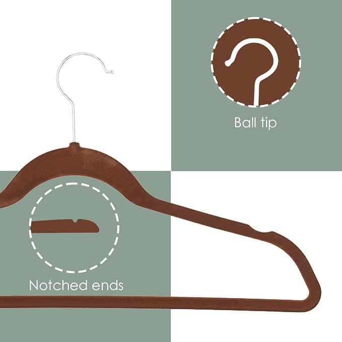 Velvet Clothes Hangers (Pack of 10), Brown, by Home Basics | Felt Hangers for Tops, Jackets, Dresses, and Pants | Contoured Hangers with Notches | Ultra-Thin Space Saving Clothes Hangers