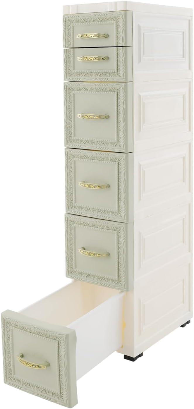 6 Drawers Narrow Storage Cabinet with Wheels,Slim Floor Cabinets,Rolling Organizer Cart for Small Spaces,Green