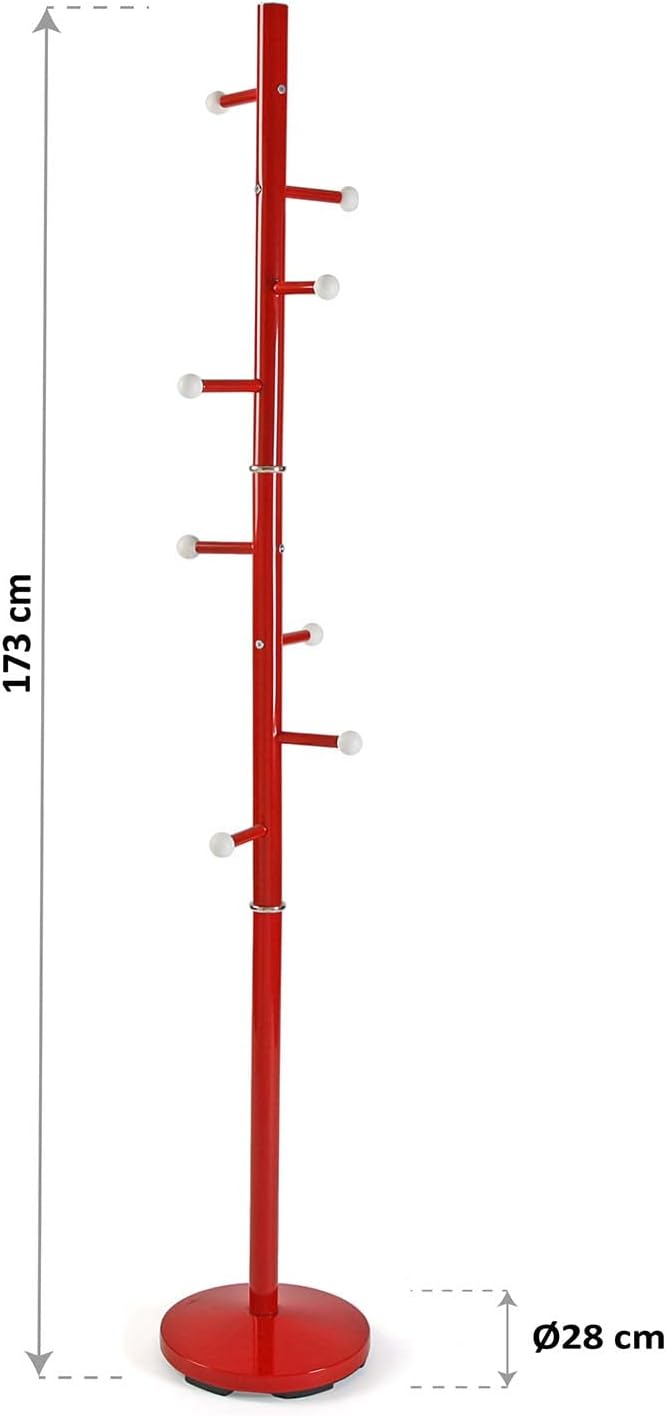 Versa Ruan Minimalist Style Coat Rack with 9 Hooks or Hangers for Clothes or Bags for the Room, Dimensions (H x W x L) 173 x 28 x 28 cm, Metal, Colour: Red