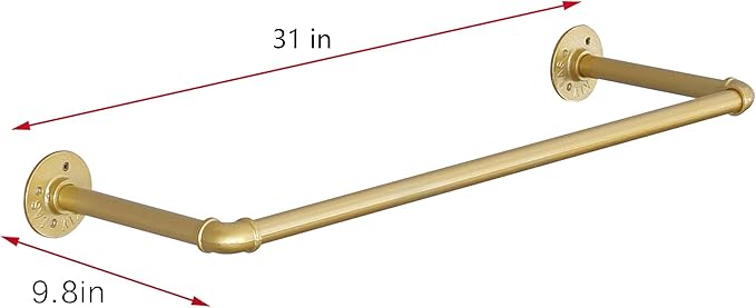 Industrial Pipe Clothing Rack Wall Mounted,Vintage Retail Garment Rack Display Rack Cloths Rack,Metal Commercial Clothes Racks for Hanging Clothes,Iron Clothing Rod Laundry Room (Gold, 31in)