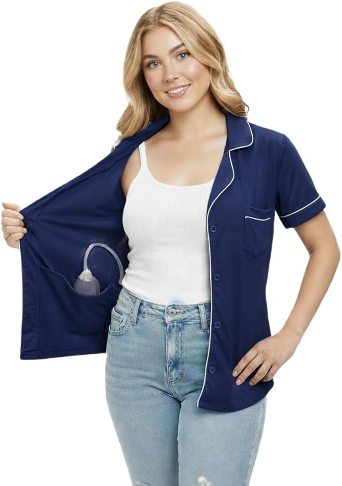 USBD Post Mastectomy Shirt with Drain Pockets Lapel Collar Post Op Button Down Recovery Tops