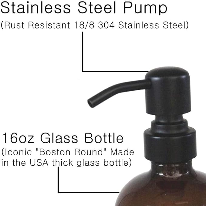 2 Pack Thick Amber Glass Pint Jar Soap Dispenser with Silver Stainless Steel Pump, 16ounce Boston Round Bottles Dispenser with Rustproof Pump for Essential Oil, Lotion Soap