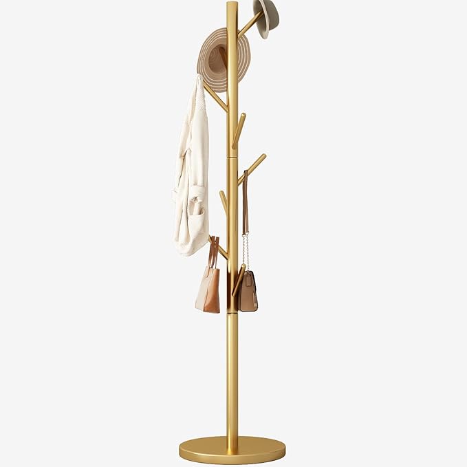 Coat Rack Freestanding Metal Coat Rack Stand with 8 Hooks Sturdy Heavy Duty Modern Coats Tree for Bags Clothes Hall Tree Hats Hanger Holder Stand for Entryway Bedroom Hallway Office, Gold
