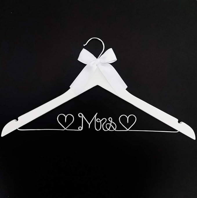 Bridal Dress Hanger Solid Wood Dress Hangers Mrs Letter Hanger Wedding Gift (White Coat Hanger Silver Wire)