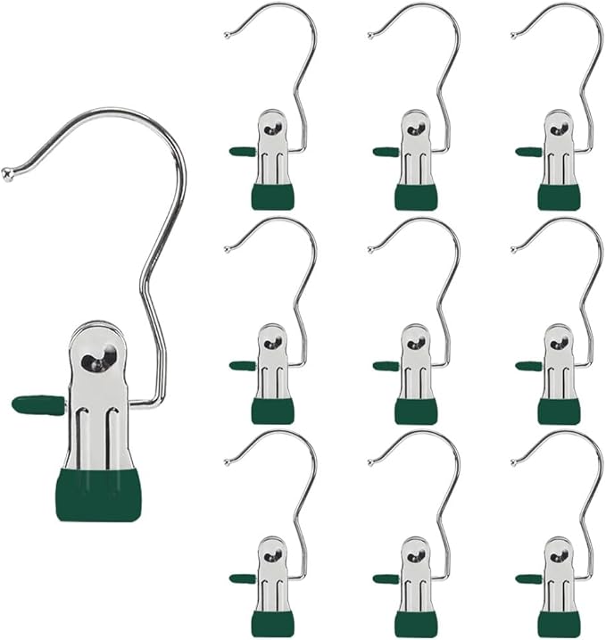 Hangers Clips,Stainless Multi Function Clip Hooks,Laundry Hanging Hooks Clips,Closet Hangers,Boot Clips， Hats Clips,Socks Clips,Pants Clips, Bras Clips (10, Dark Green)