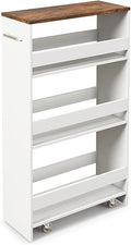 Slim Storage Rolling Cart, 4-Tier Side Out Shelving Unit with Handle, Mobile Organizer Utility Cart on Wheels for Laundry, Bathroom, Office, Kitchen, Narrow Places (White & Brown, Extra Width)