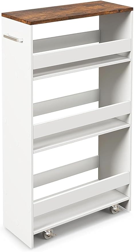 Slim Storage Rolling Cart, 4-Tier Side Out Shelving Unit with Handle, Mobile Organizer Utility Cart on Wheels for Laundry, Bathroom, Office, Kitchen, Narrow Places (White & Brown, Extra Width)