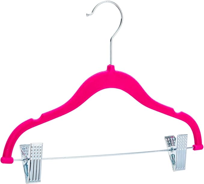 Juvale Kids Hangers with Clips - 12 in, Hot Pink, Velvet, 24 Pack - Nonslip & Space Saving Pink Hangers with Clips & 360° Swivel Hooks