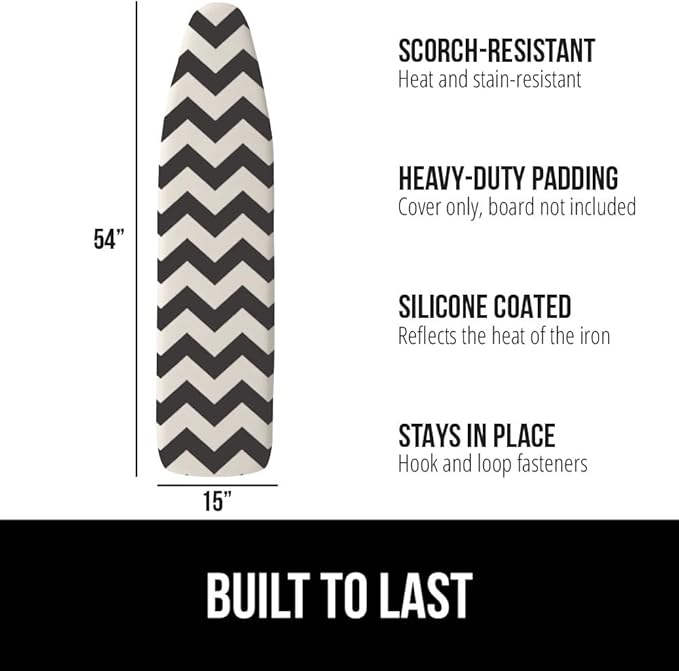 GORILLA GRIP The Original Ironing Board Cover and Pad, Silicone Coating, Thick Scorch Resistant Padding, Heavy Duty Iron Covers Standard Boards, Hook and Loop Fastener Strap, Chevron, 15x54
