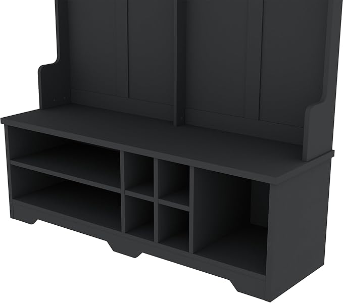 60 inch Hall Tree with Bench and Shoe Storage, Shelf, Wood Hall Tree with 6 Hooks/Mudroom Bench with Storage and Hooks, Hall Trees for Entryway, Hallway, Living Room, Black