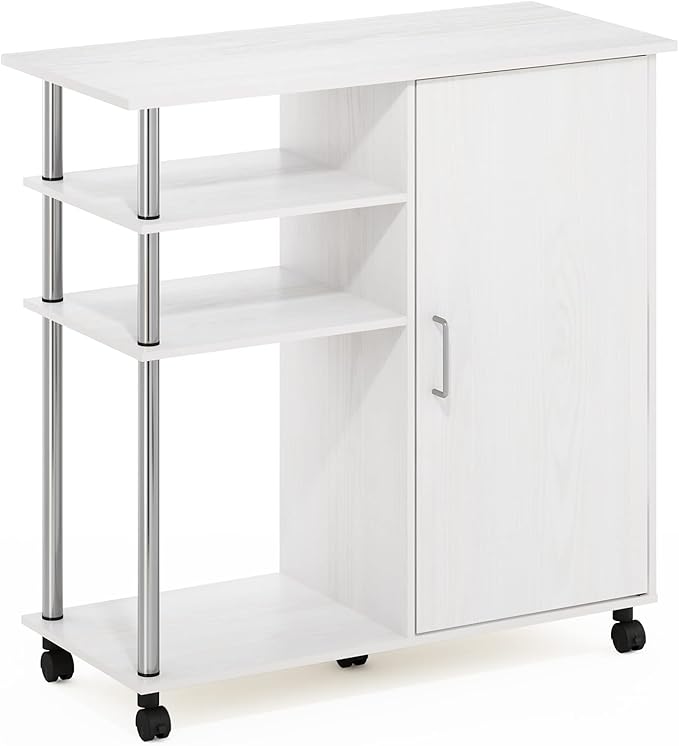 Furinno Helena Utility Kitchen Island and Storage Cart on Wheels, 4-Tier, Stainless Steel Tubes, White Oak/Chrome