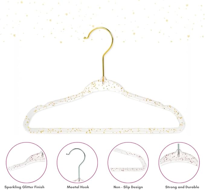 CONCEPTS 20 Pack Baby Hangers Kids Acrylic Non Slip Glitter Clothes Hangers for Toddler Infant Newborn Closet Organizer Small Hangers for Baby Clothes Pants Shirts Space Saving Nursery