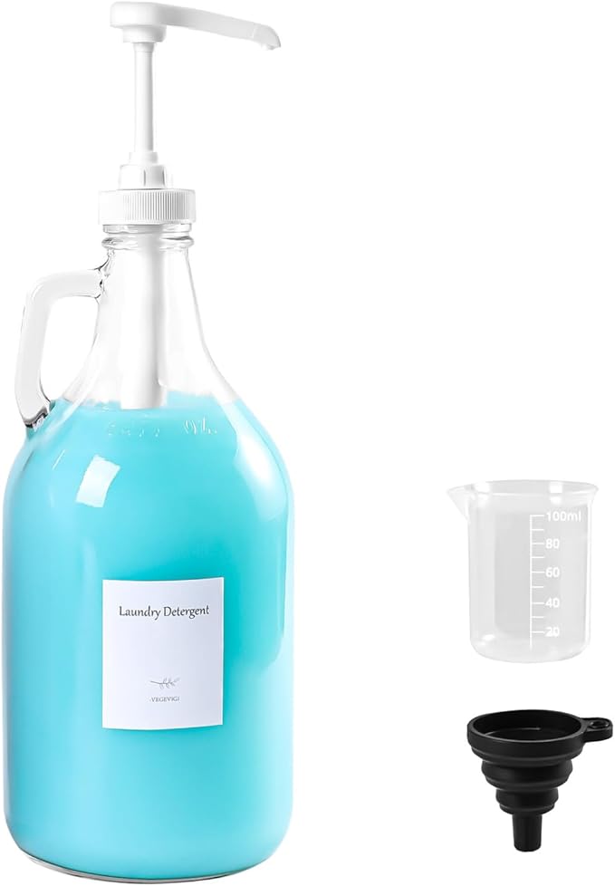 64 OZ Laundry Detergent Dispenser by VEGEVIGI, Glass,Glass Liquid Laundry Soap Dispenser with Pump, Bleach and Fabric Softener Dispenser for Laundry Room, 1P