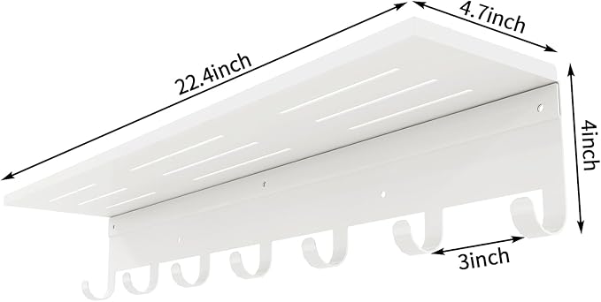 Shelf with 7 Hooks, 23 Inch Entryway Coat Rack Wall Mounted, Metal Coat Hanger with Shelf Storage Clothes, Bags, Purse for Living Room, Balcony, Closet, White